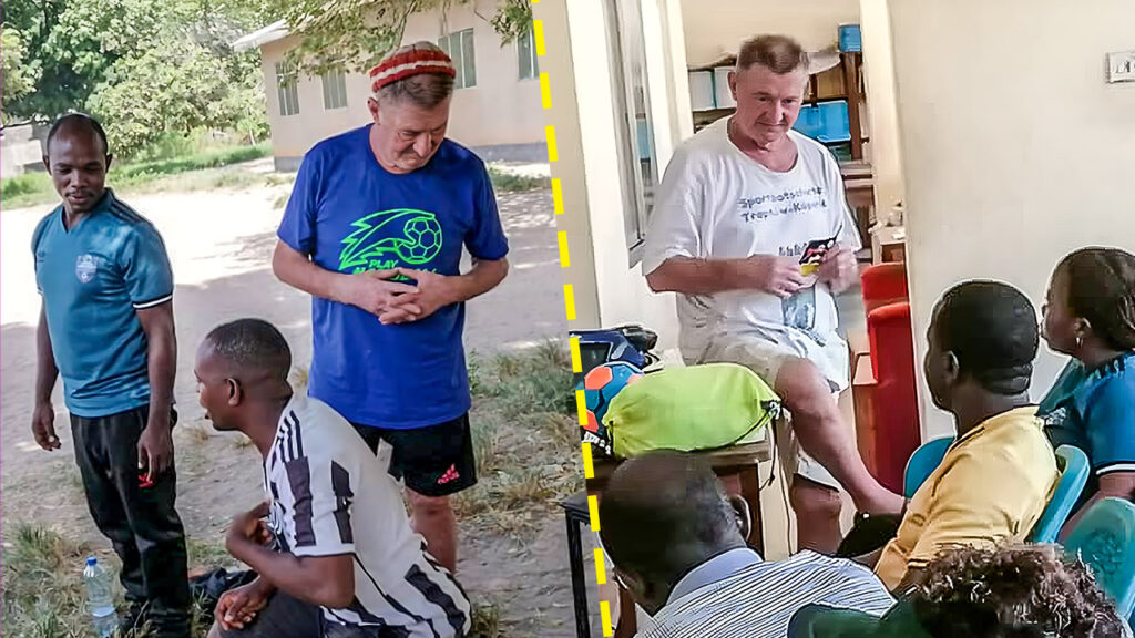 Here, Wolf Meyer-Hagen can be seen during his time as a coach on the Go4Goals project in Tanzania, working both on the field and in the classroom.